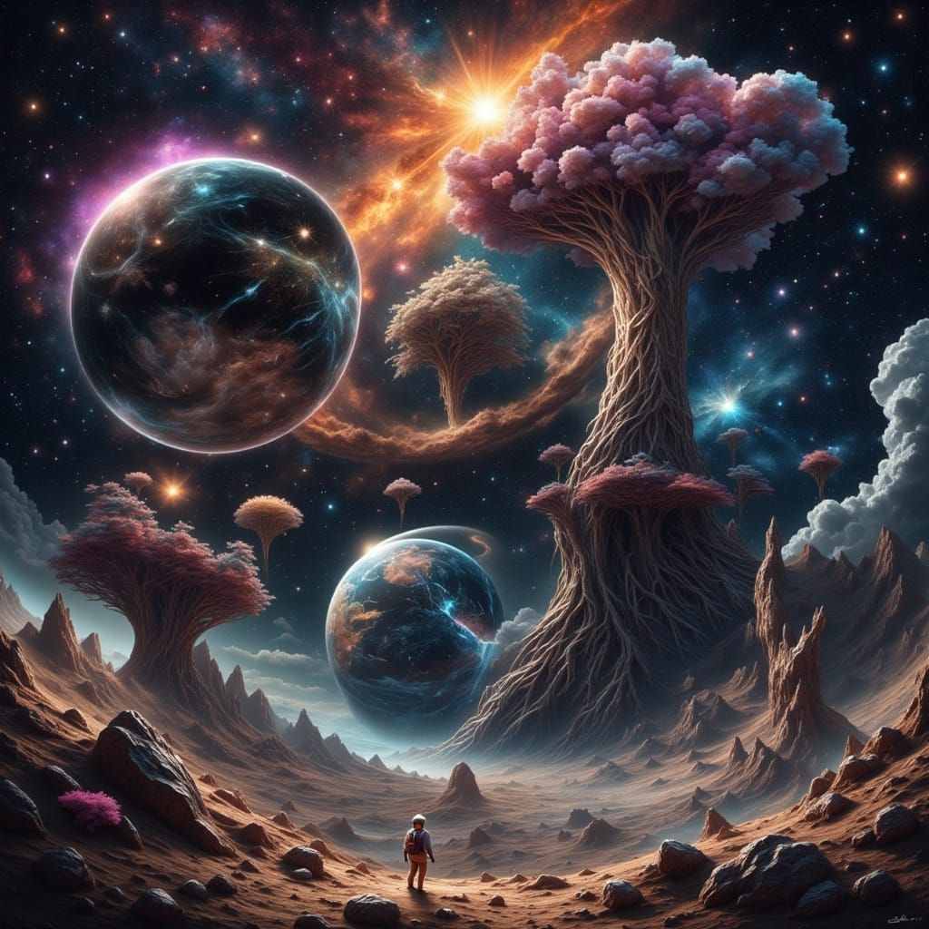 Astronaut Tethered to Cosmic Tree in Space