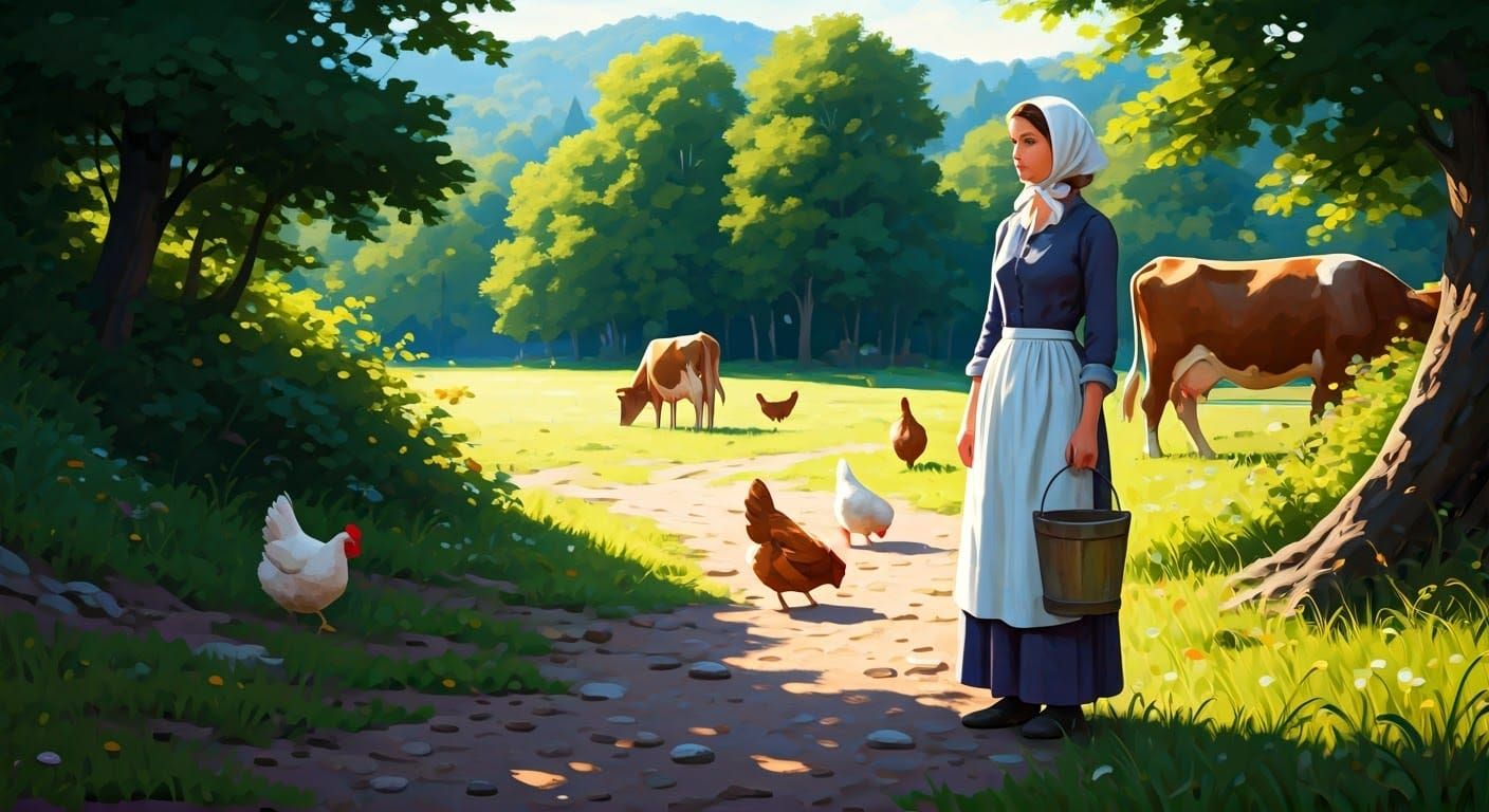 Serene Farm Scene in Soft Realist Style