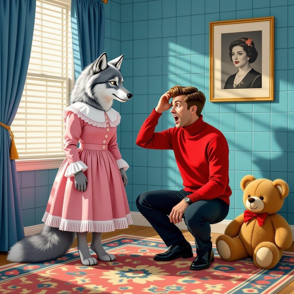 Man Surprised by Fanciful Creature in Bathroom