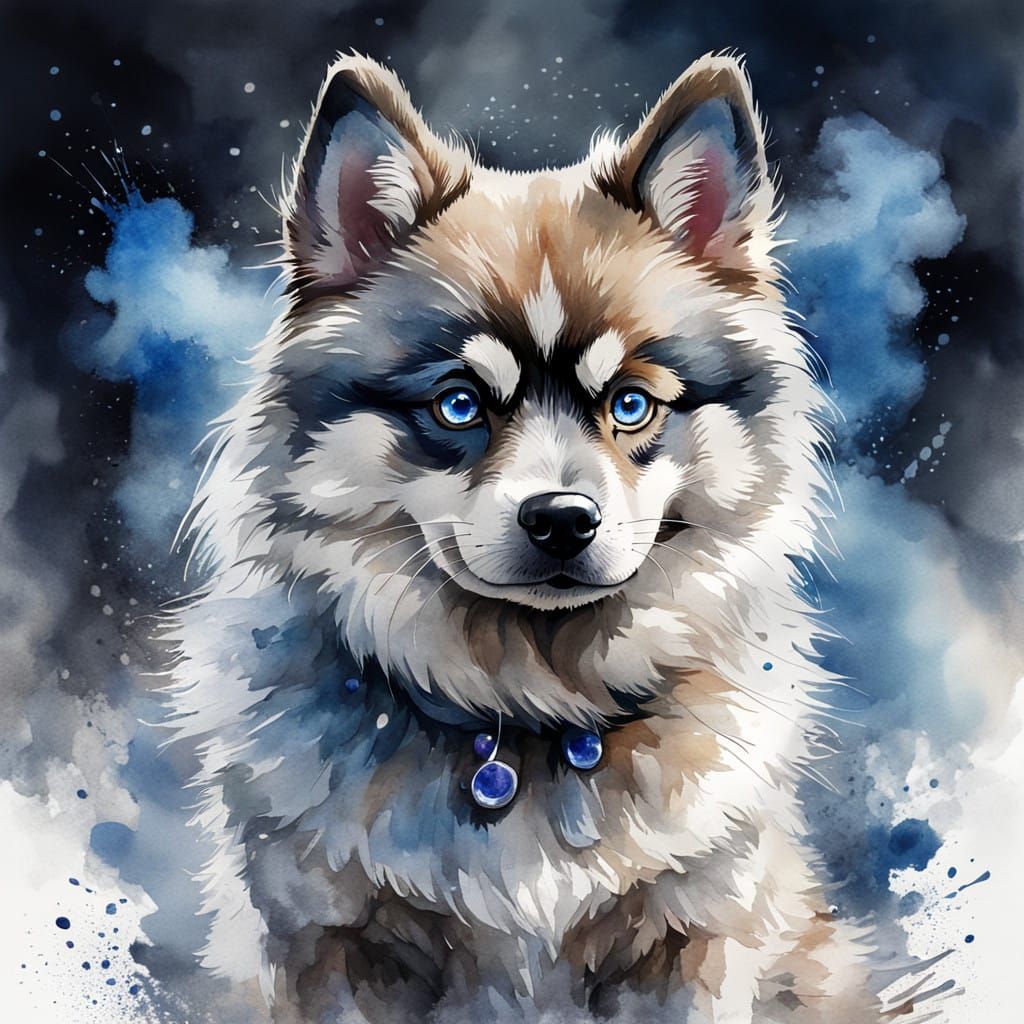 Fierce Pomsky in Whimsical Watercolor Wonderland
