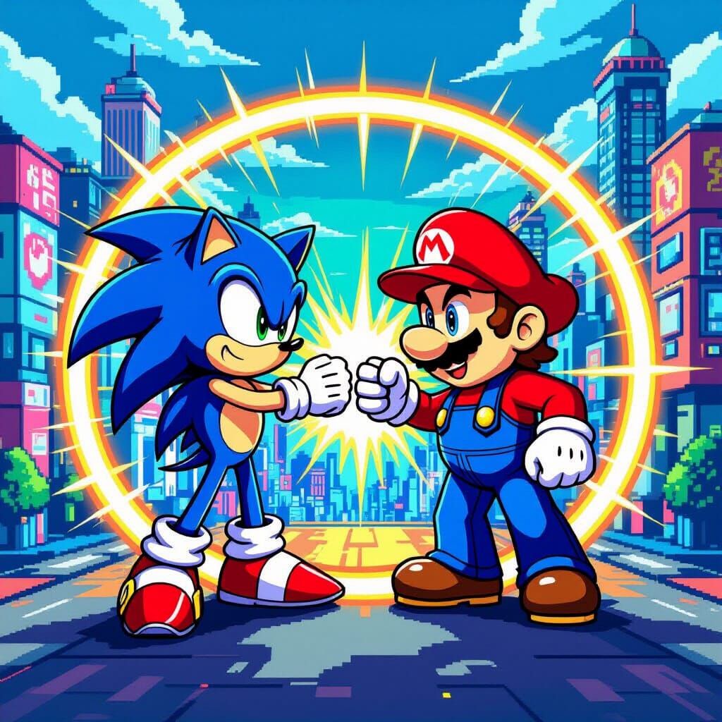 Sonic and Mario Fist Bump in Pixel Art Cityscape
