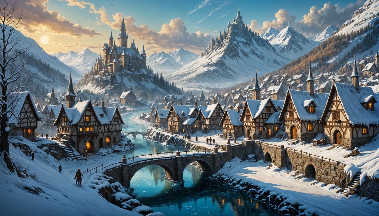 Snowy Village Beside Frozen River: Epic Fantasy Art