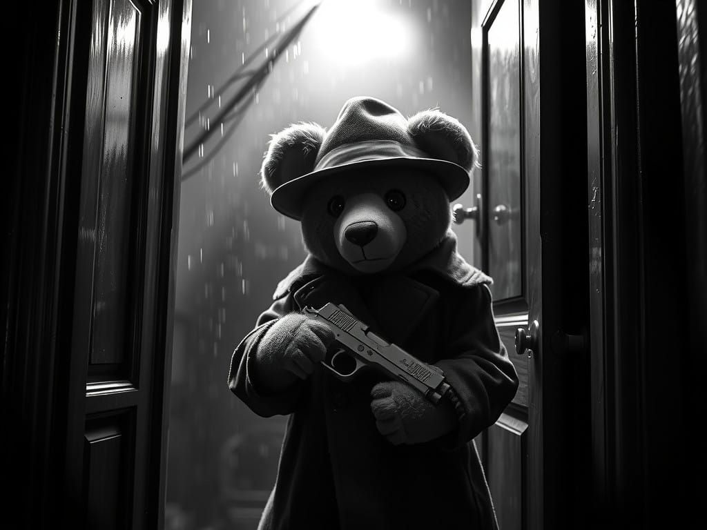 Teddy Bear Film Noir Detective Investigates Rainy Night Crim...