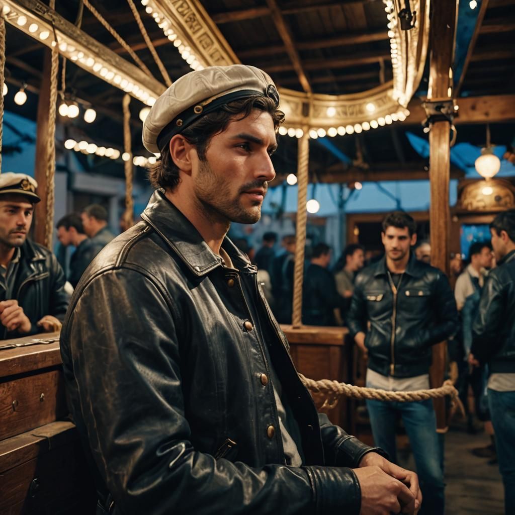 Man Tries on Greek Sailor Cap in Cinematic Style