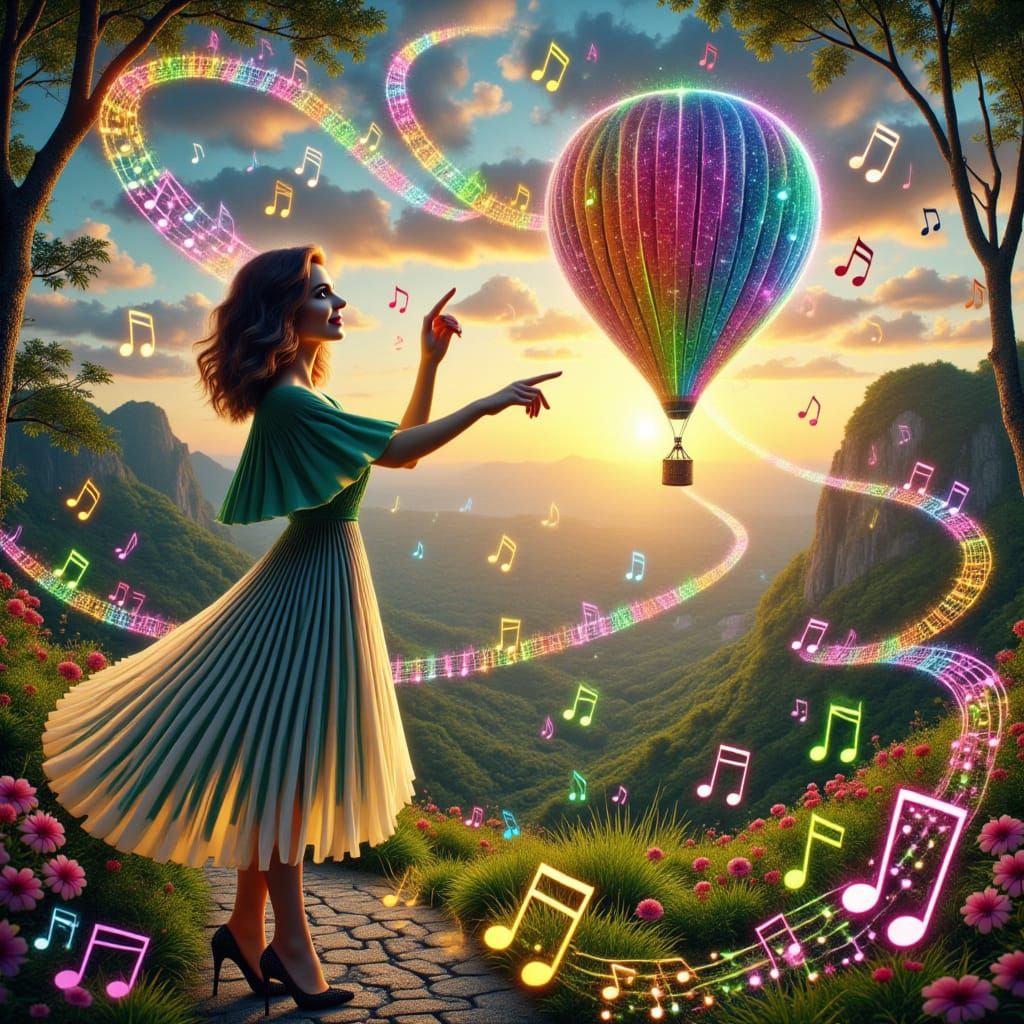 Kaleidoscopic Hot Air Balloon Over Emerald Valley