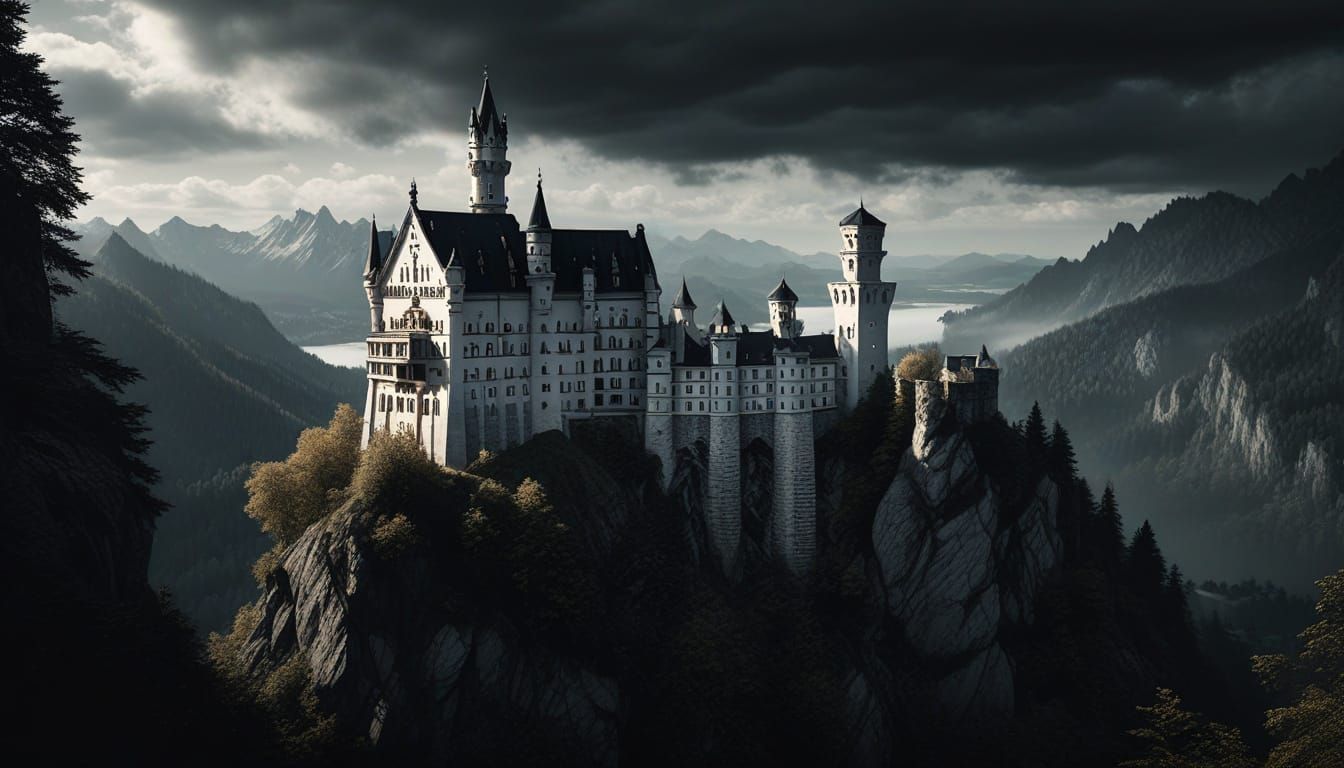 Ancient Gothic Castle Amidst Dramatic Mountain Shadows