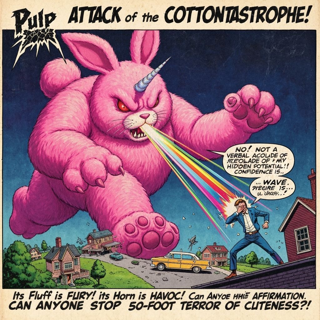 Giant Pink Bunnicorn Attacks 1950s Suburbia Pulp Art