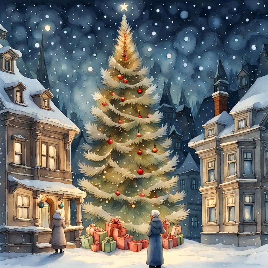 Festive Christmas Scene in Gouache Watercolor