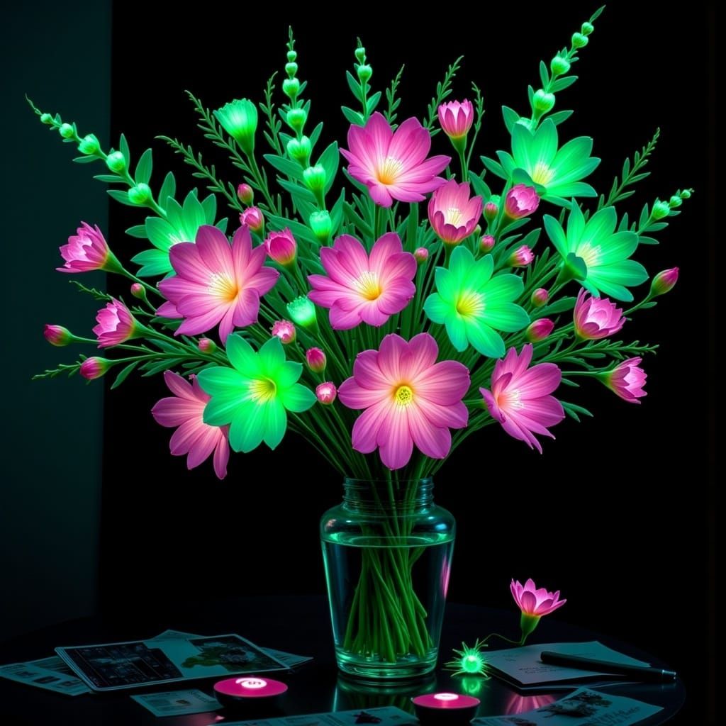 Neon Glowing Flowers in a Dark Room