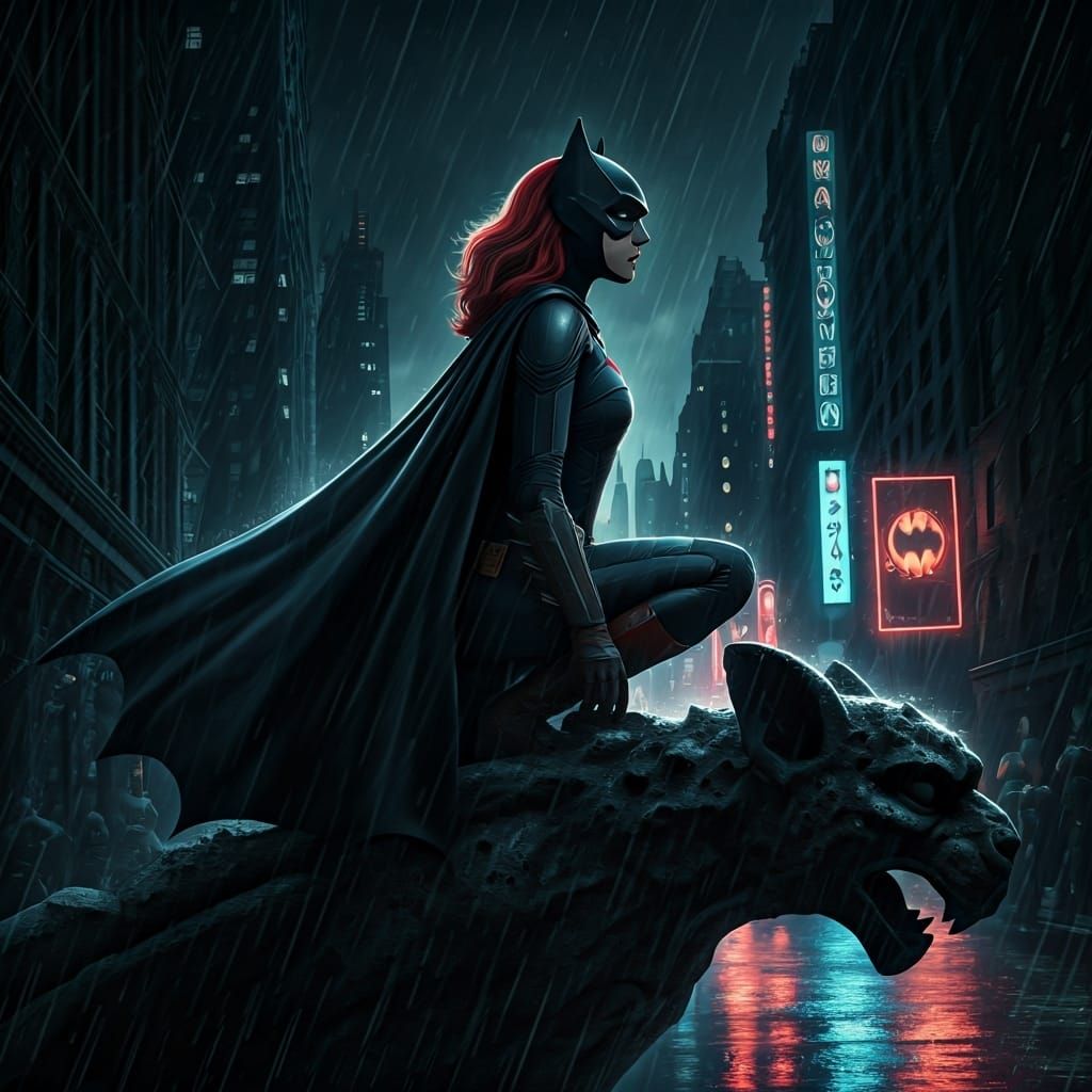 Batwoman Perched on Gargoyle in Rain-Swept Gotham