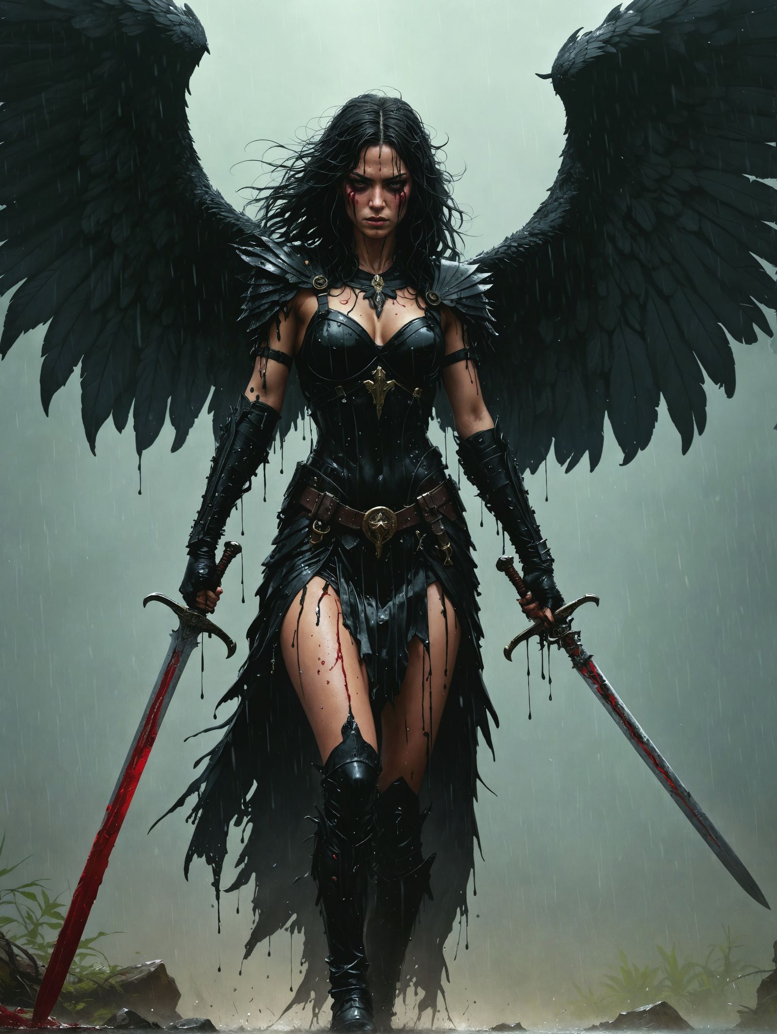 Angelic Warrior in Rain, Drenched in Blood and Water, with B...
