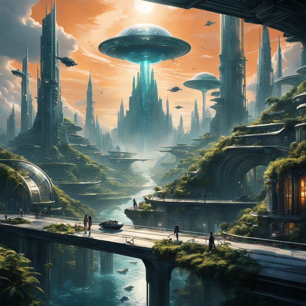 Surreal Solarpunk Cityscape at Sunset