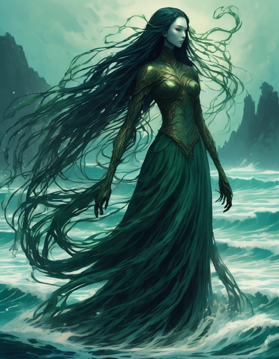 Ominous Sea Figure with Seaweed Hair