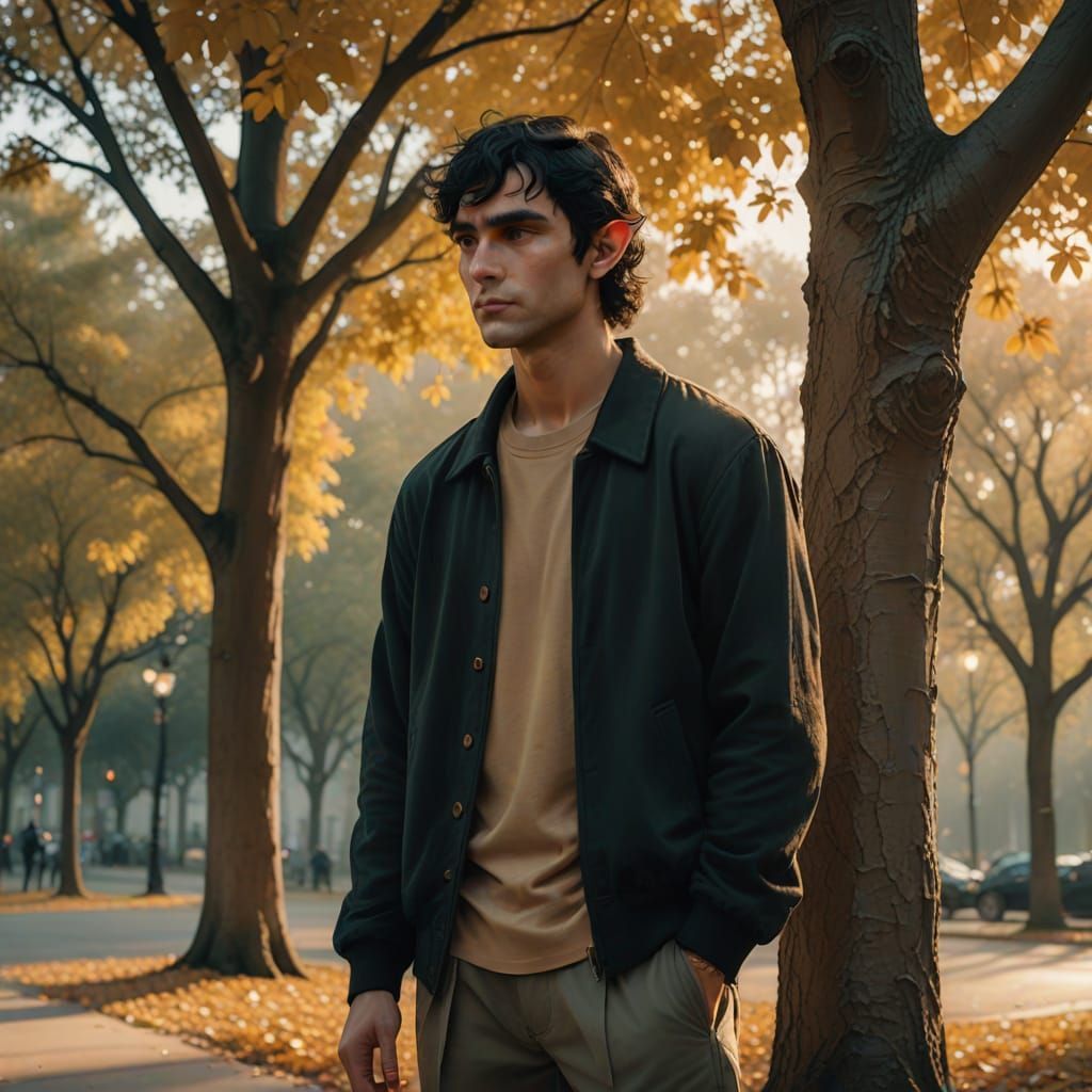 Elegant Fantasy Elf in Modern Streetwear at Dusk