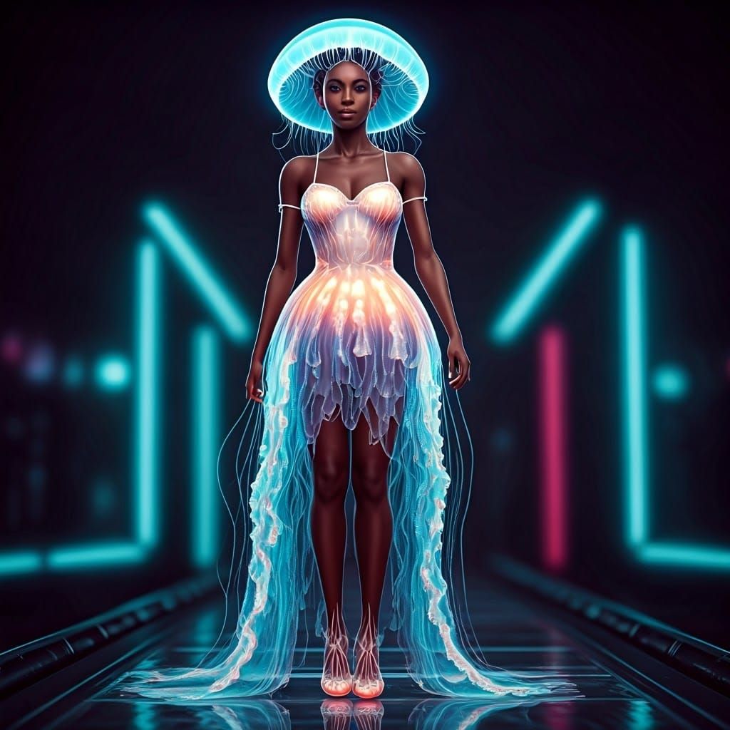 Jellyfish Fashion on Futuristic Catwalk in Cyberpunk Style