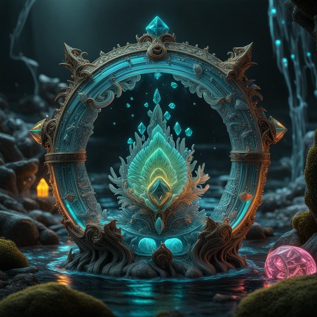 Neon Diamond Viking Shield in Bioluminescent Cave