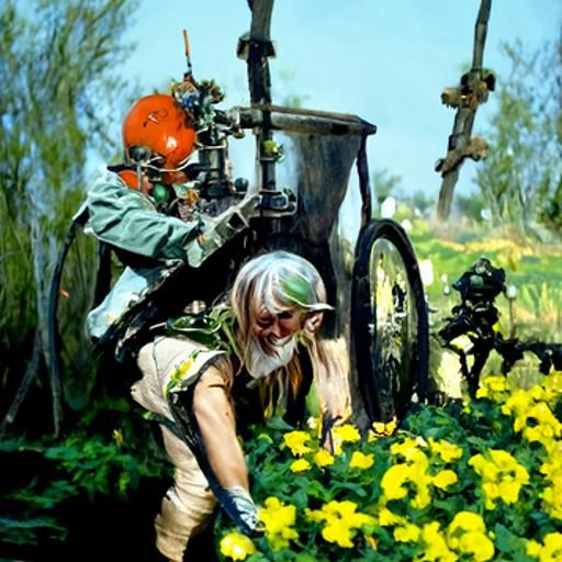 Machine Elves Harvesting Poppies: Oil Painting