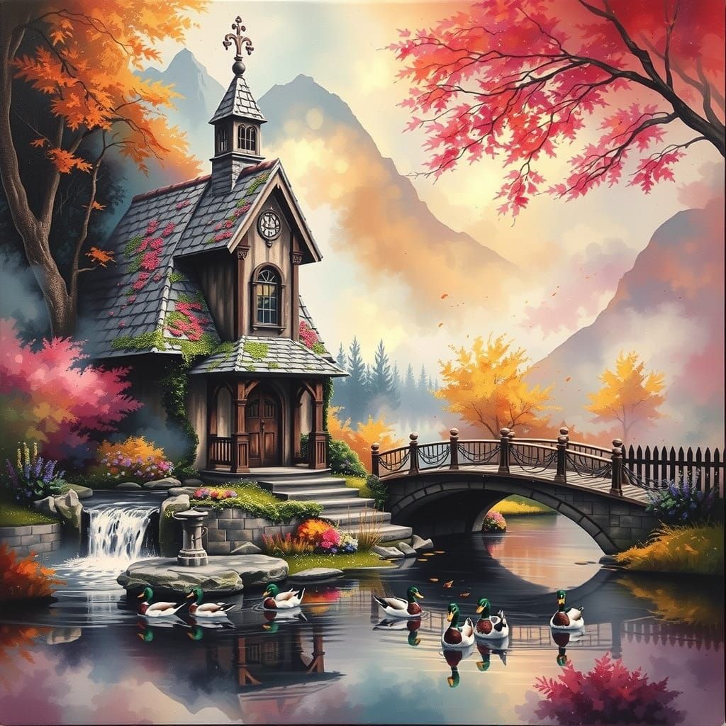 Ethereal Autumn Church in Mysterious Watercolor Haze