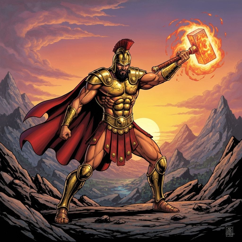 Demigod Warrior with Fiery Hammer in Fantasy Art Style