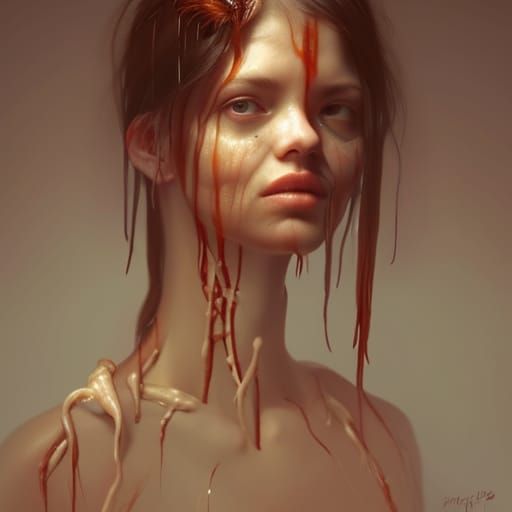 Surreal Woman with Chicken Feet Hands, Hyperrealistic Portra...