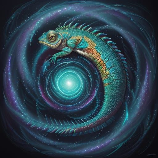 Surreal Oil Painting of a Glowing 50 ft Chameleon