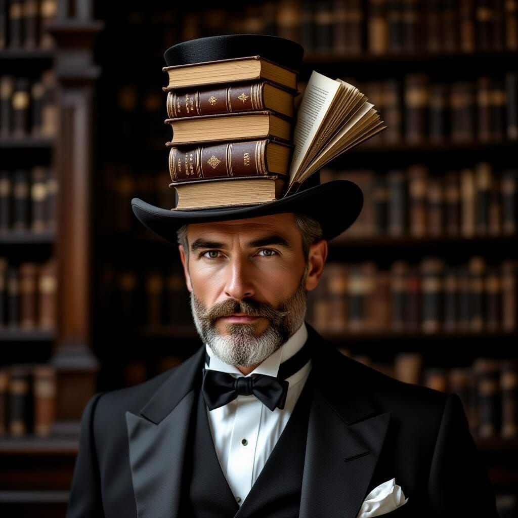 Dapper Gentleman in Antique Book Top Hat in Dusty Library