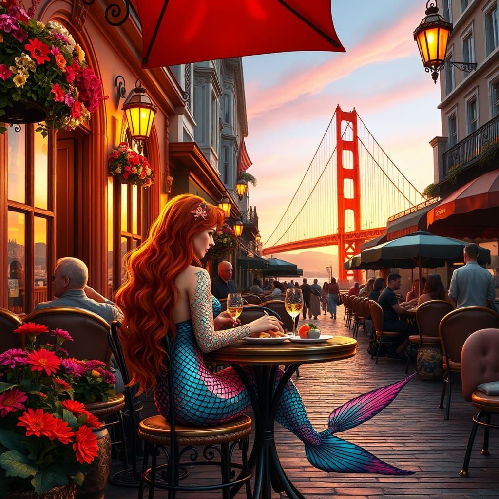 Mermaid Savoring Seafood at San Francisco Cafe