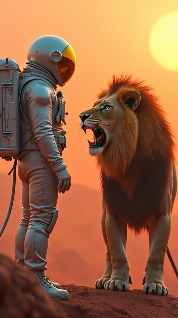 Astronaut and Lion Standoff on Alien Planet