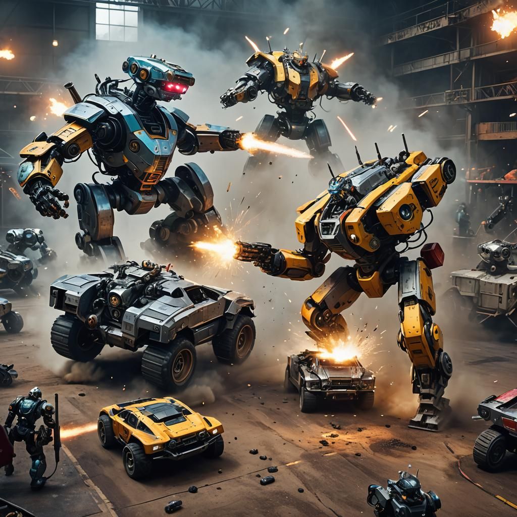 Robotic Car Battle in Industrial Arena, Digital Art