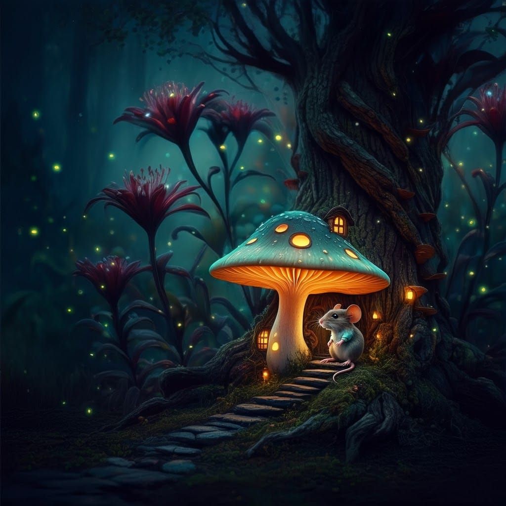 Mouse Living in Glowing Mushroom House, Digital Art