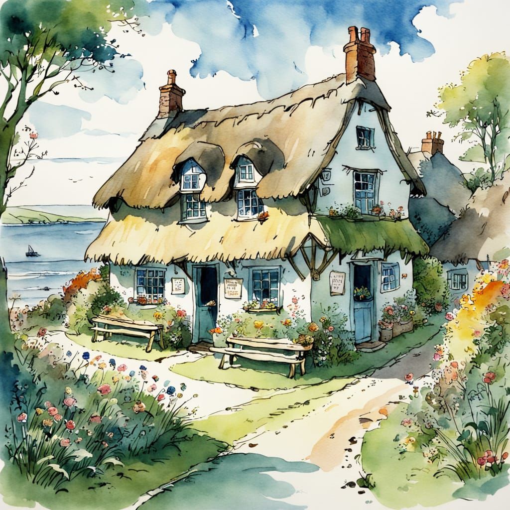 Charming Tearoom on Village Green: Watercolor Illustration