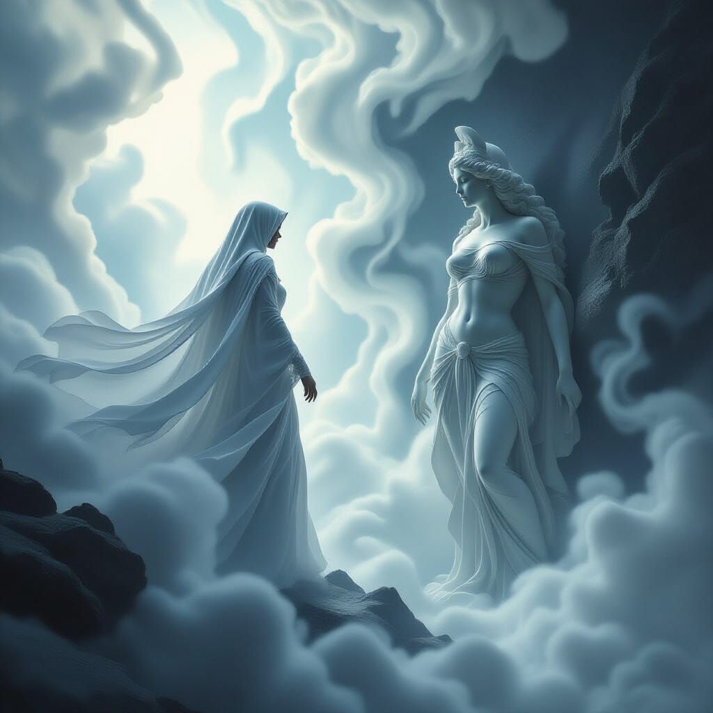 Ethereal White Witch and Marble Goddess in Misty Realm