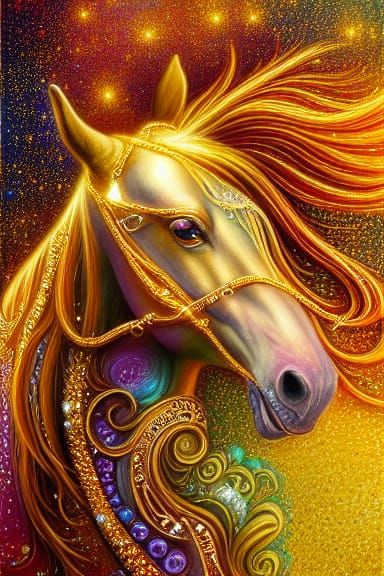 Glittering Gold Fractal Horse in Digital Oil Painting