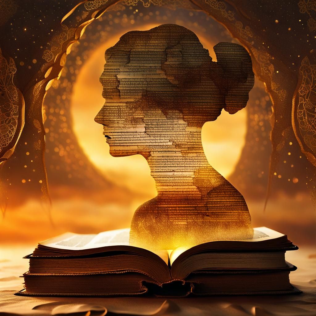 Surreal Dreamscape Portrait with Books and Sunset