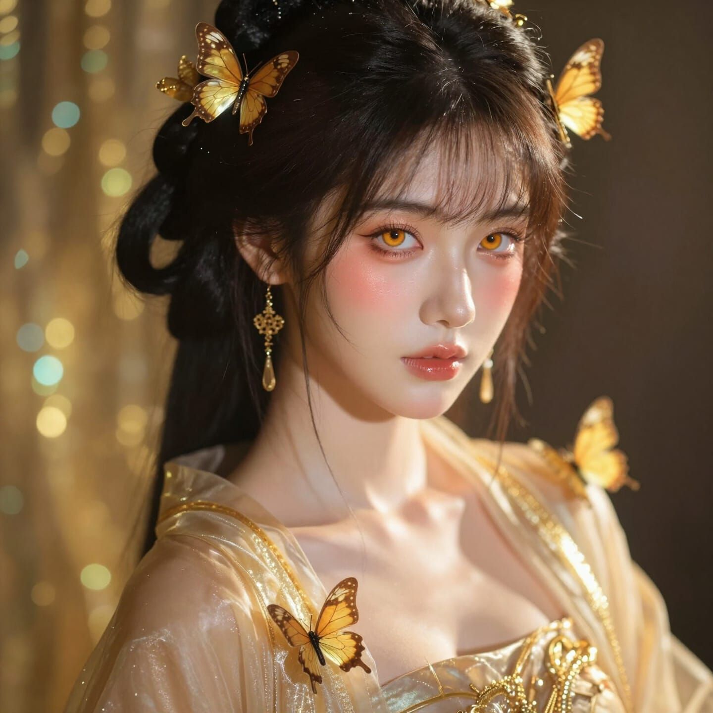 Elegant East Asian Woman with Golden Butterflies