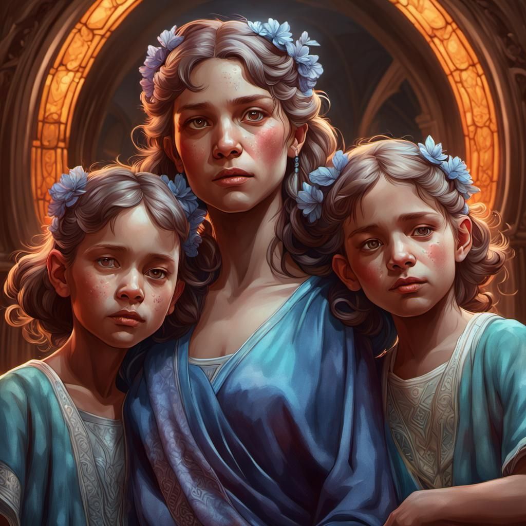 Mother and Twins Portrait in Hyperdetailed Style
