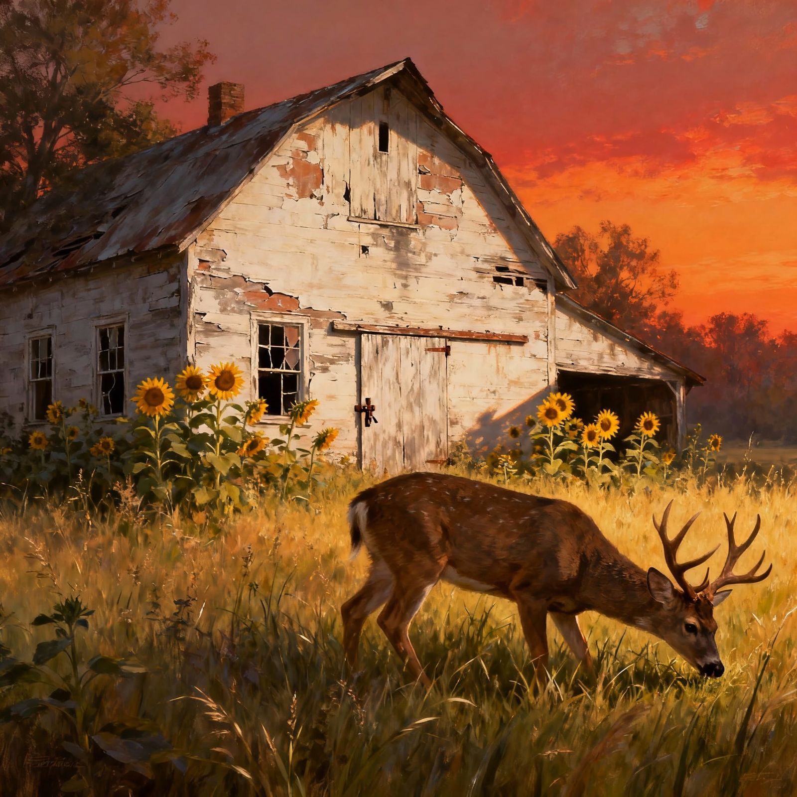 Abandoned Farmhouse with Sunflowers and Deer, Late Afternoon...