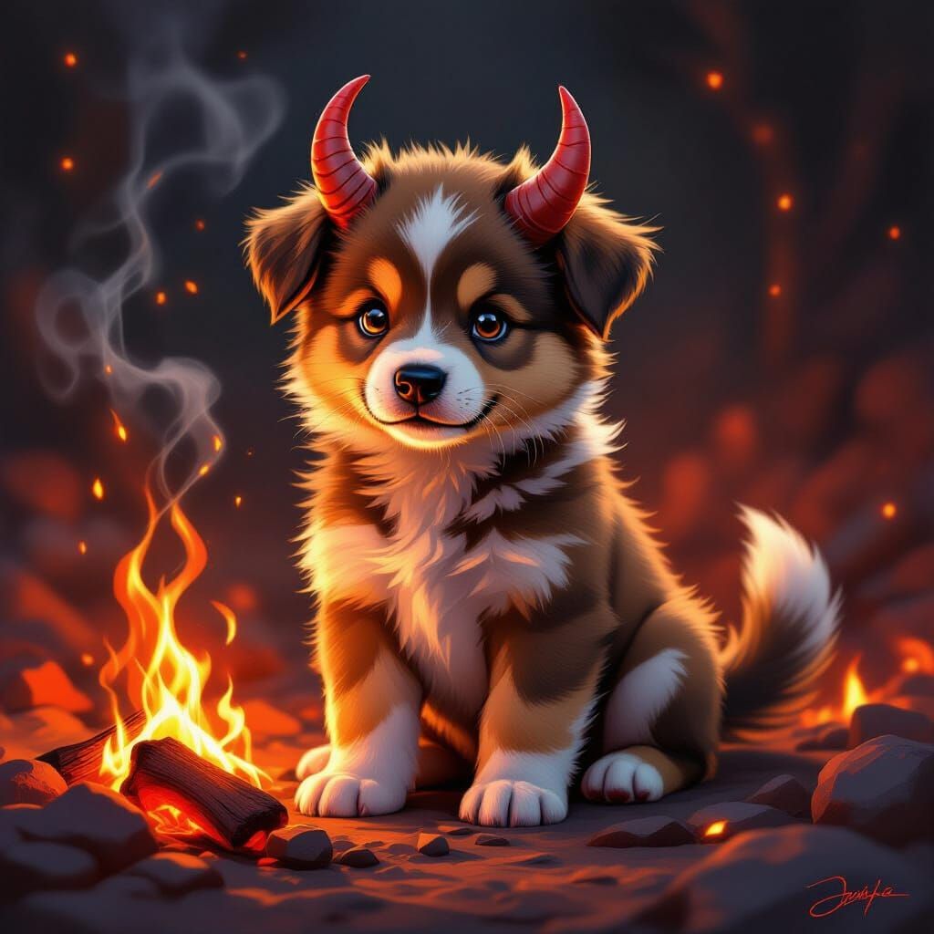 Playful Hellhound Puppy in Fiery Embers