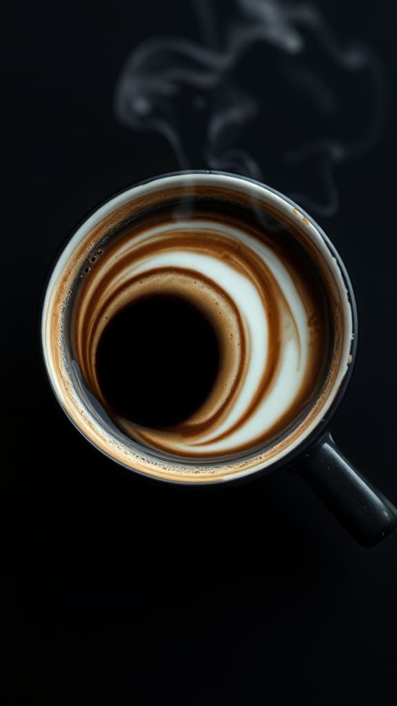 Steaming Coffee Cup with Yin Yang Cream Swirl