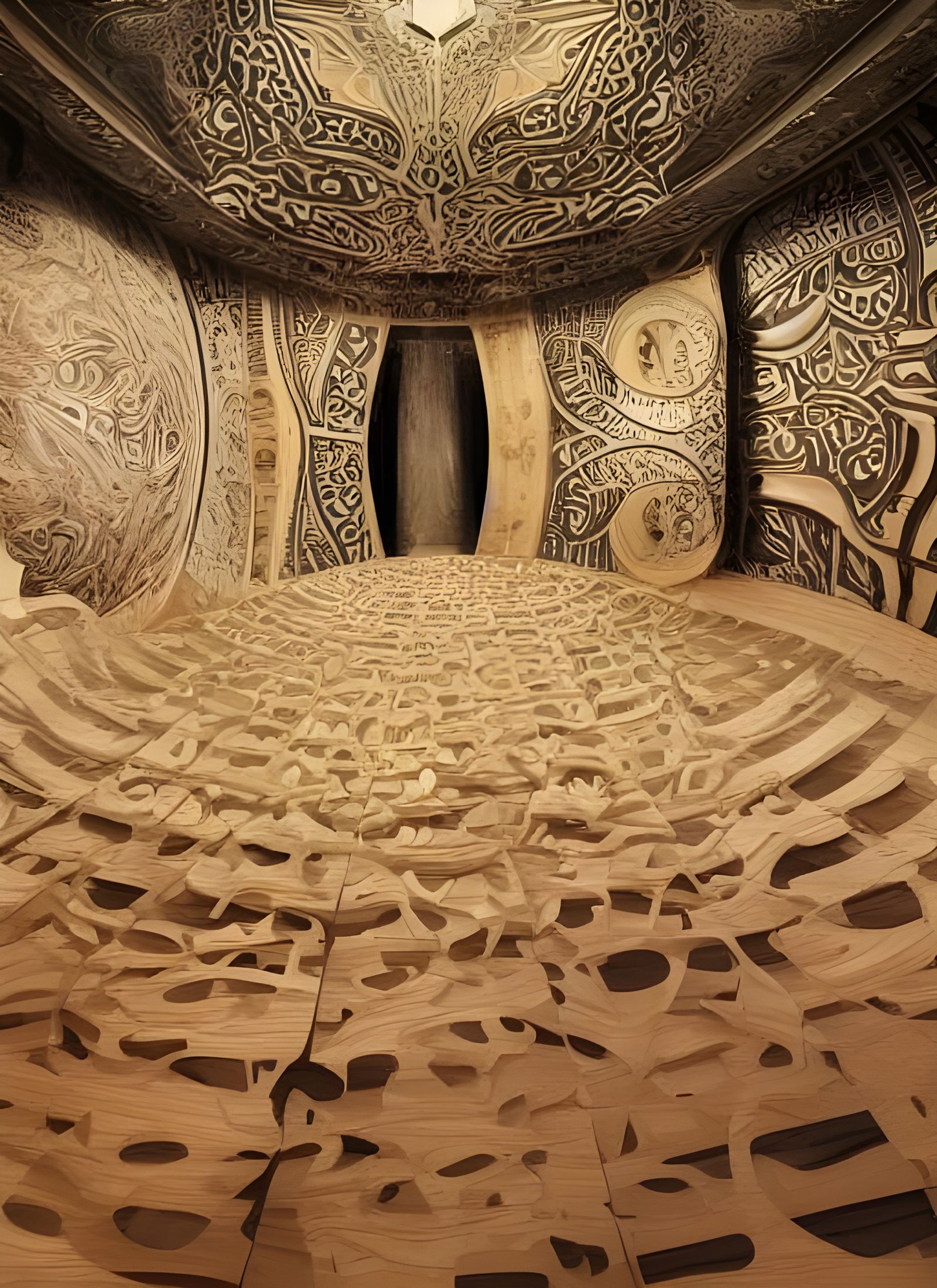 Surreal Interior with Optical Illusions and Fractal Patterns