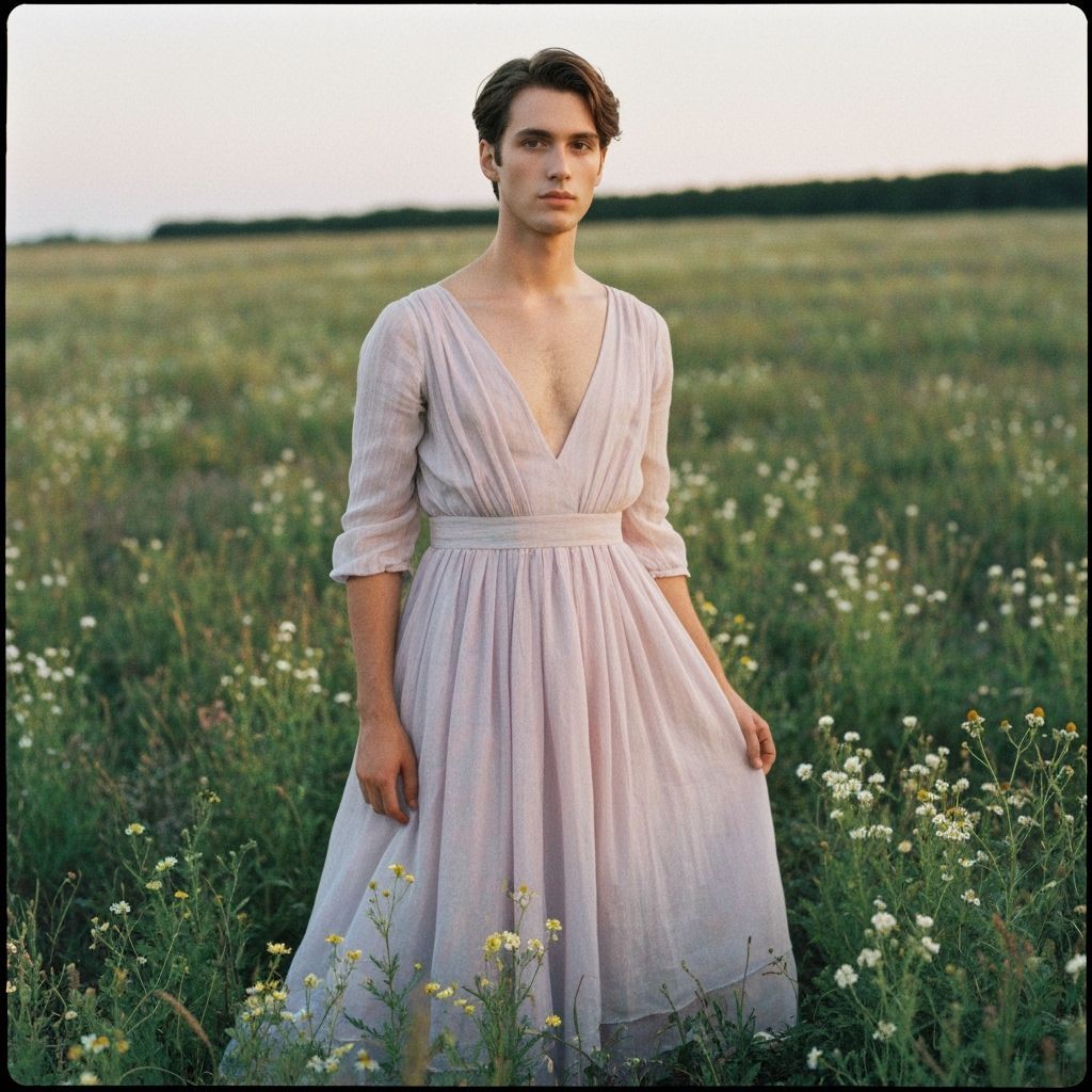 Man in Pastel Dress in Wildflower Field