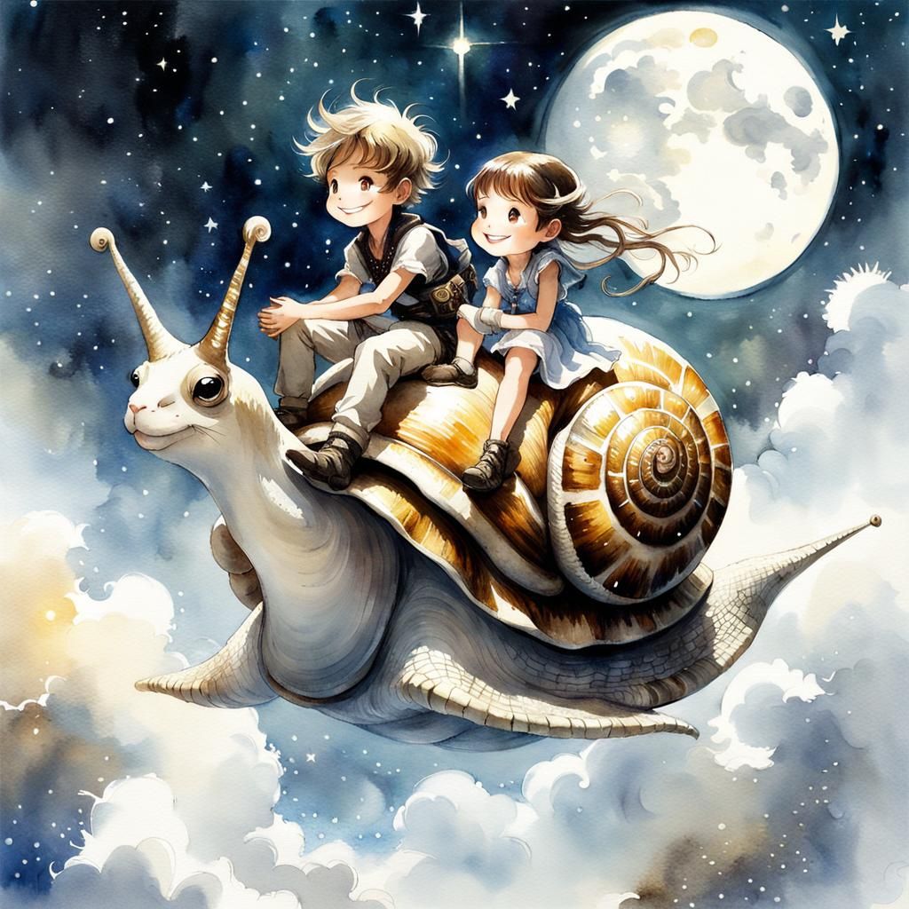 Smiling Children Ride Anime Snail in Watercolor Painting