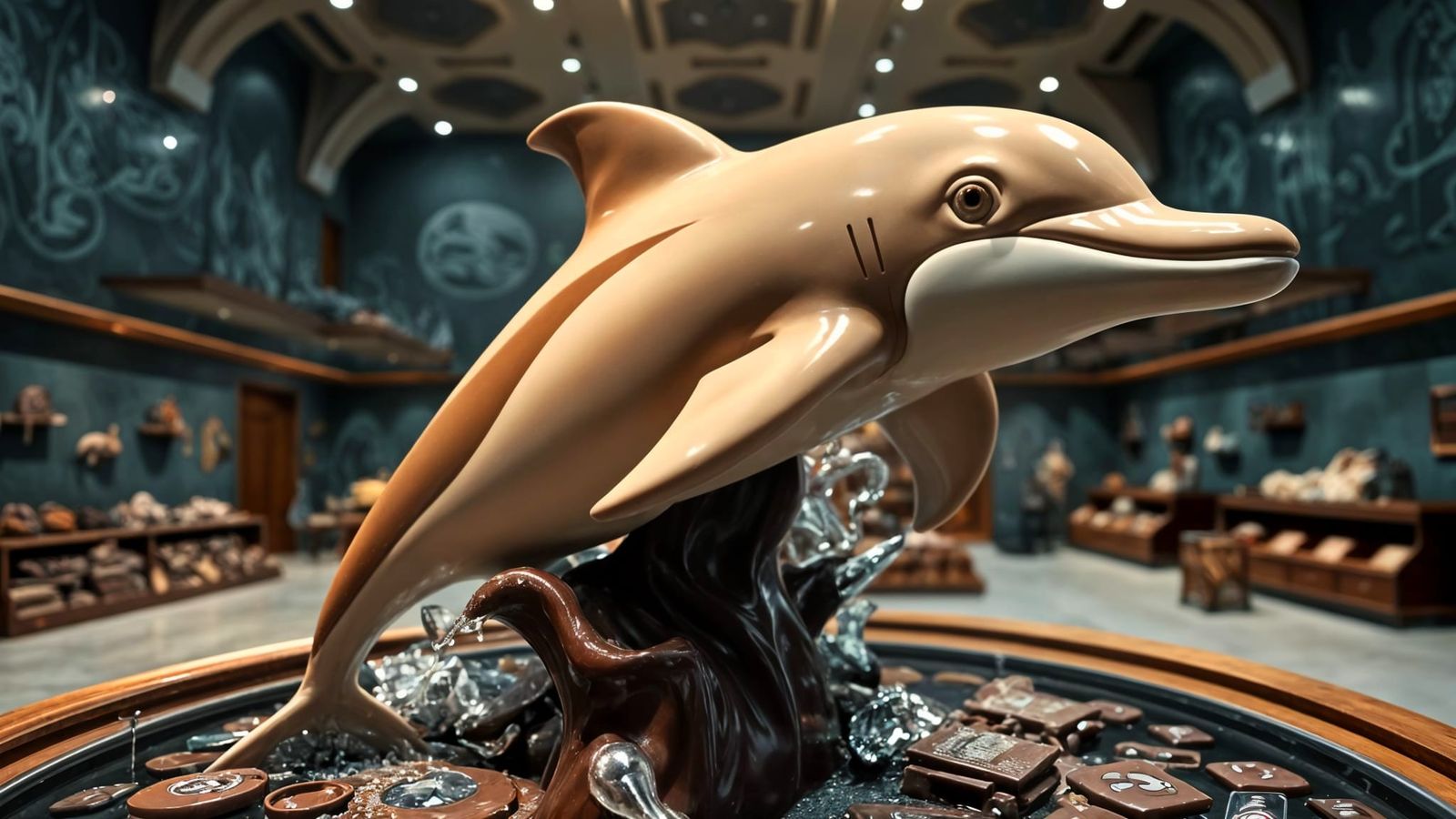 Majestic Chocolate Dolphin Sculpture in a Museum