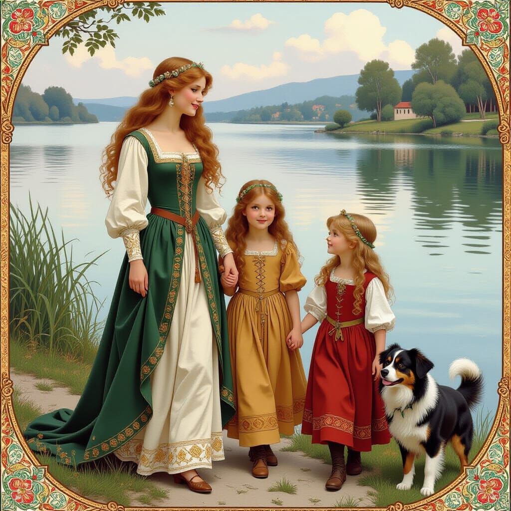 Medieval Woman and Children Stroll in Art Nouveau Style