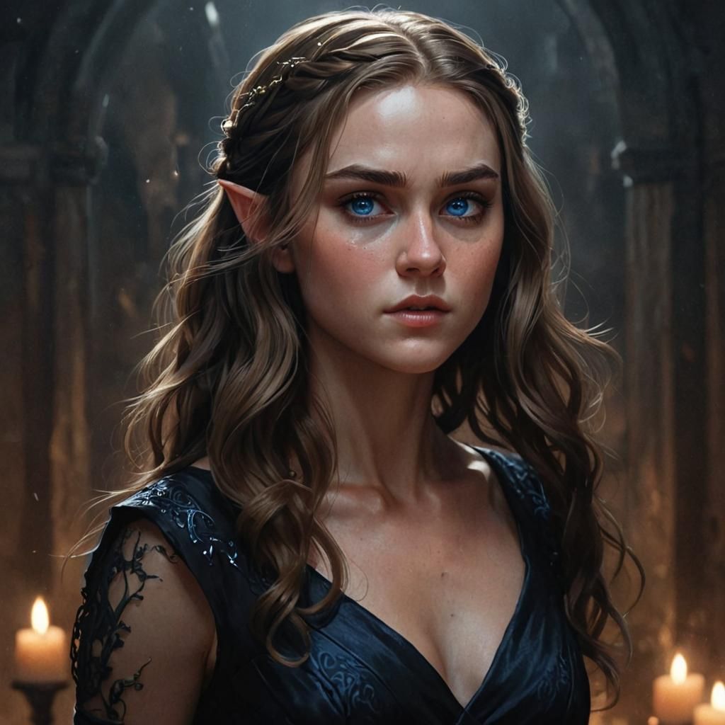Detailed Portrait of an Angry Elf in Black Dress