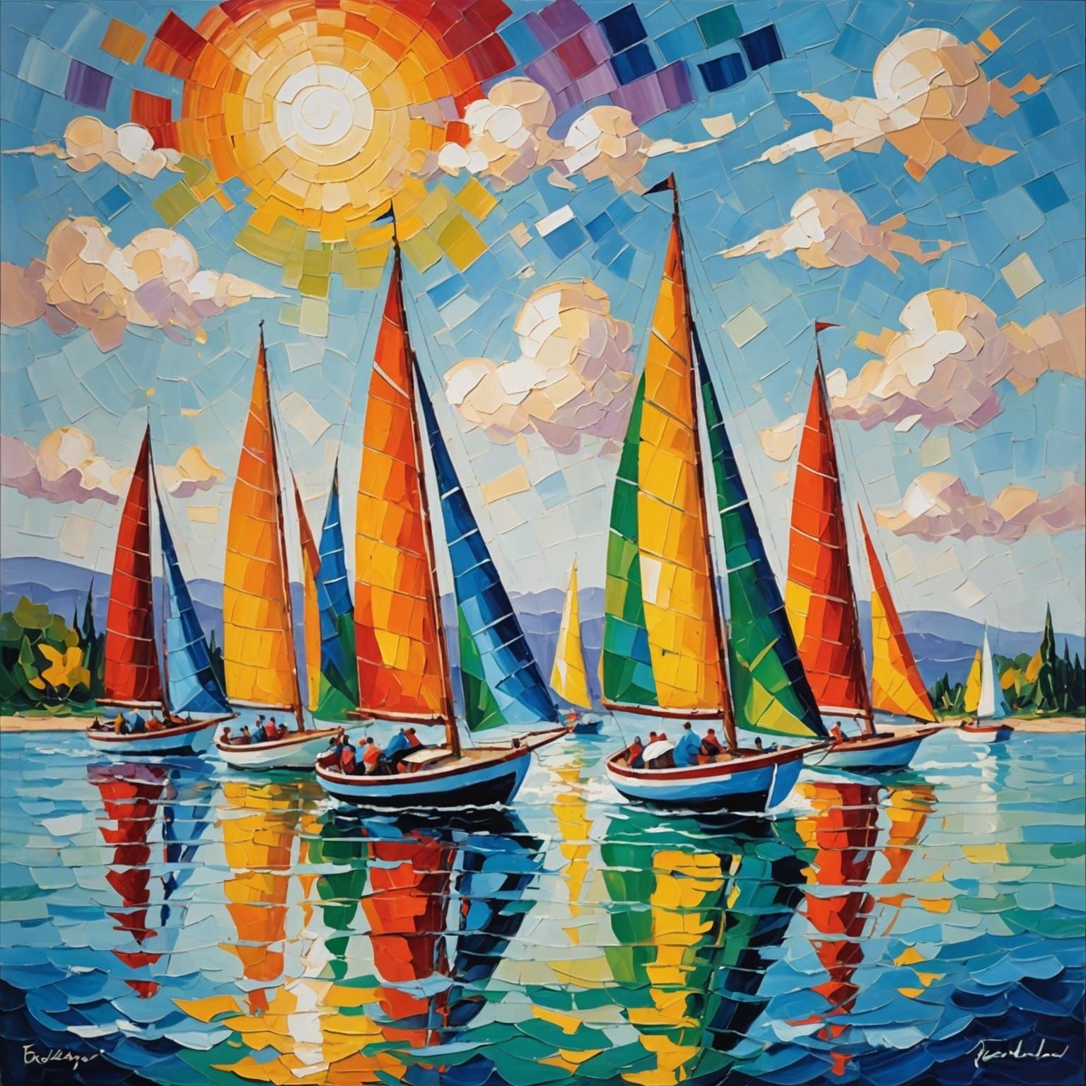 Colorful Sailing Boats in Neo-Impressionist Style