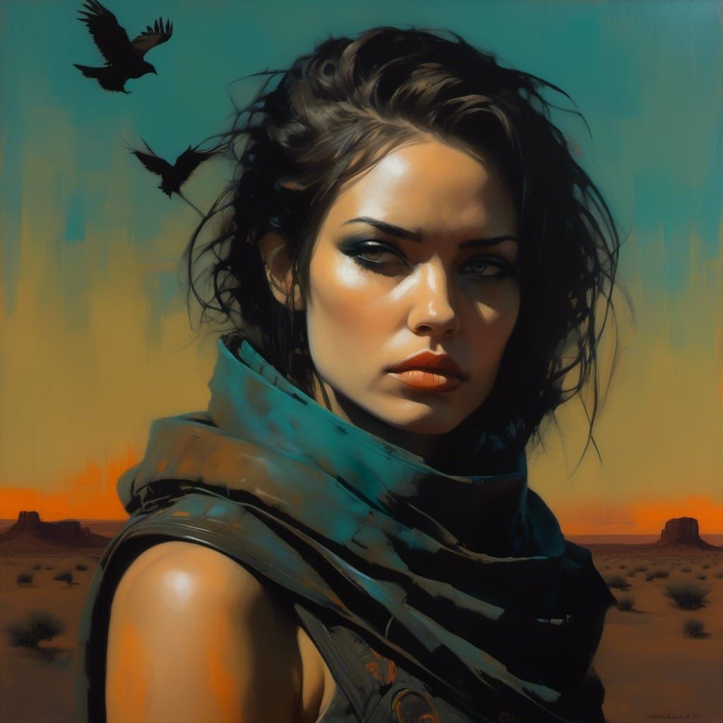 Dystopian Desert Woman with Crow in Fresco Style