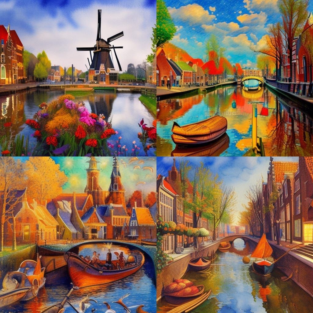 Netherlands View in Impressionist Gouache Style