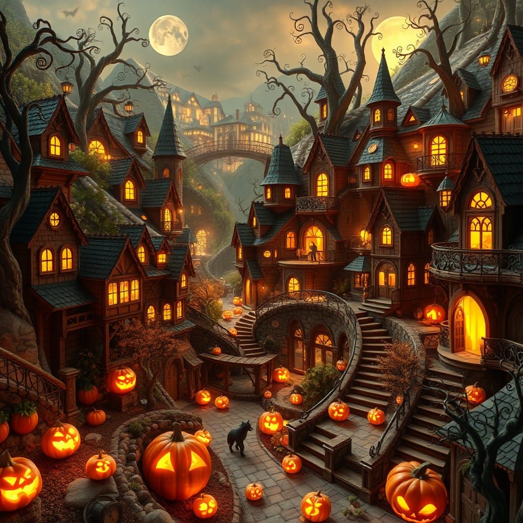 Whimsical Halloween Town with Crystal Figures in Escher Styl...