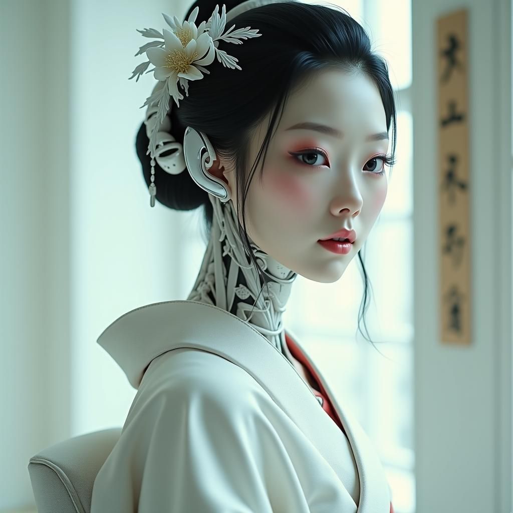 Robotic Geisha Portrait in Futuristic Style